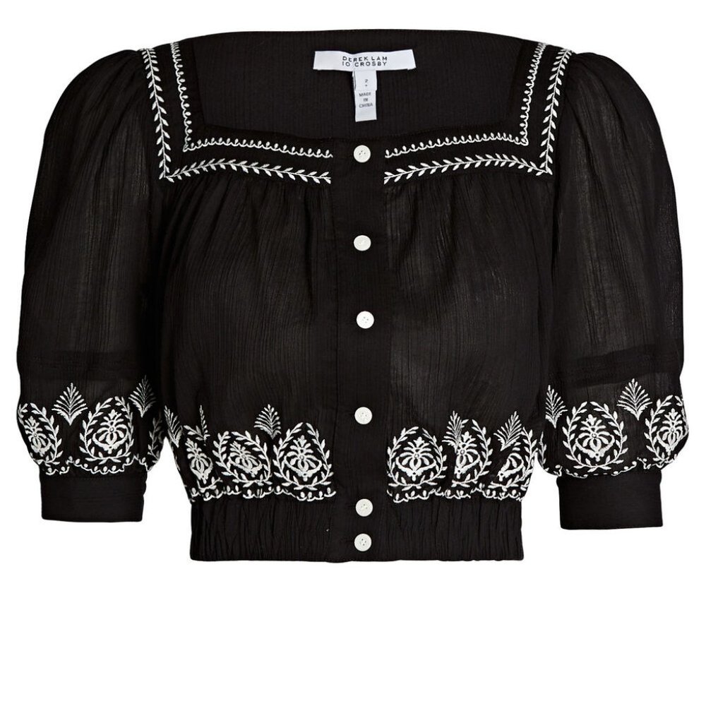 NWT Derek Lam 10 Crosby Tama Square Neck Embroidered Cropped Peasant Blouse